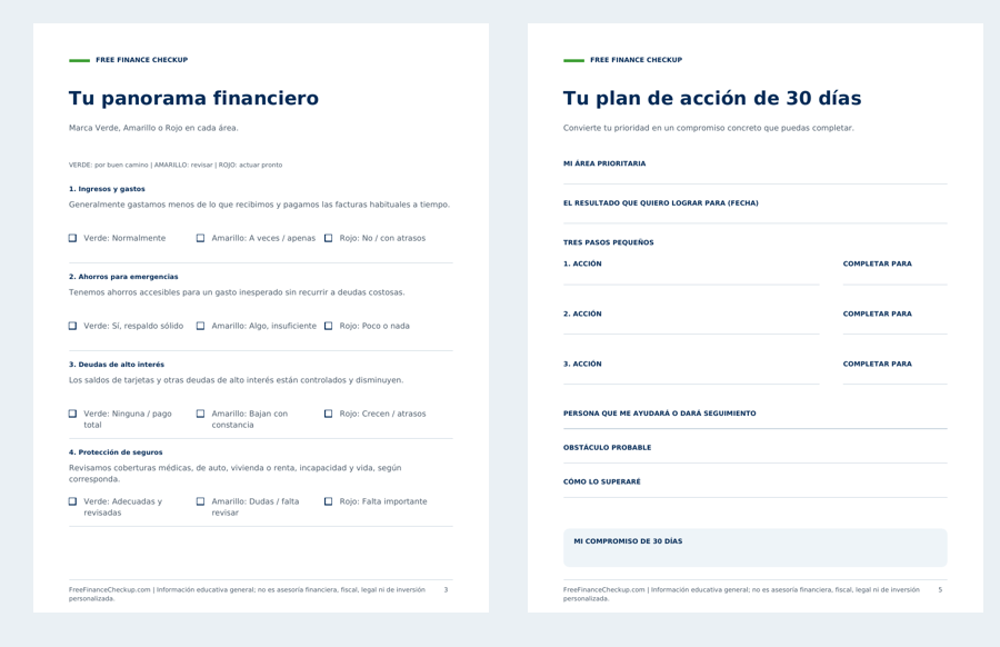 Páginas de muestra del cuaderno de chequeo financiero