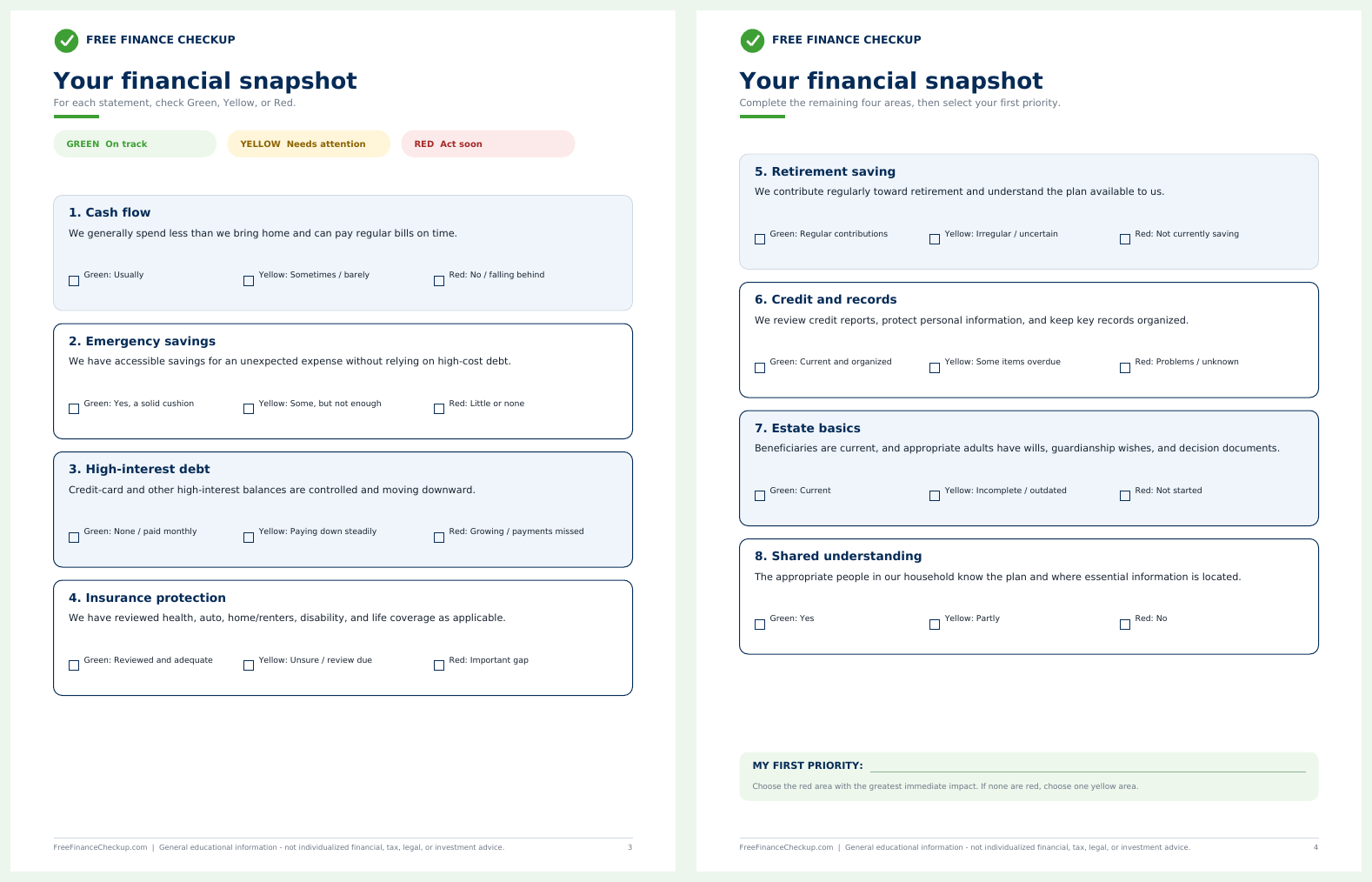 Sample pages from the financial checkup workbook